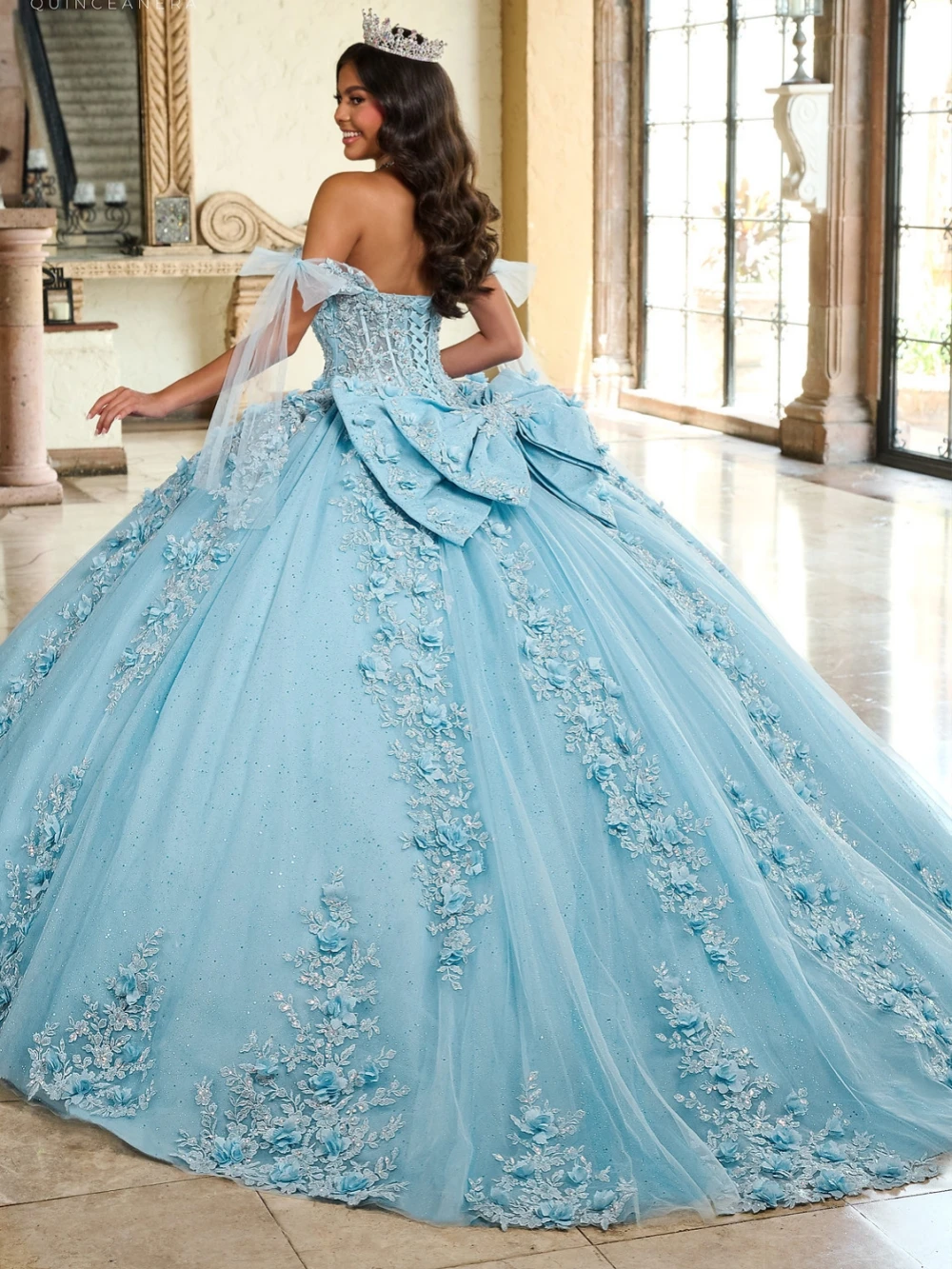 Graceful Off The Shoulder Bow Quinceanrra Prom Dresses Shinny Appliques 3D Flower Princess Long Sweet 16 Dress Vestidos