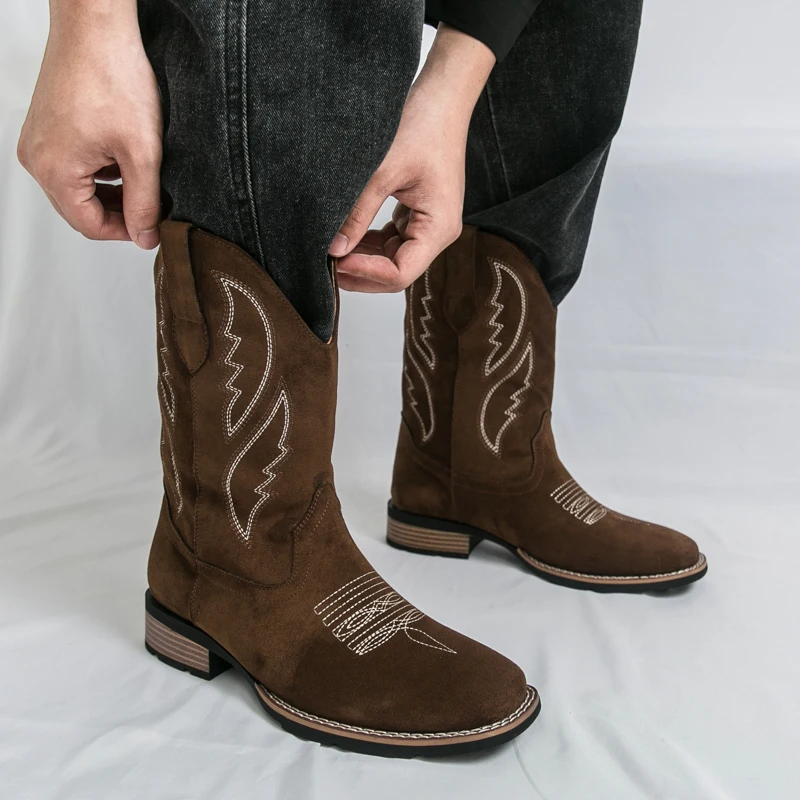 New Western Men's Cowboy Boots Vintage Mid-calf Motorcycle Boots Fashion Suede Leather Men's Boots Outdoor Casual Riding Boots - 3