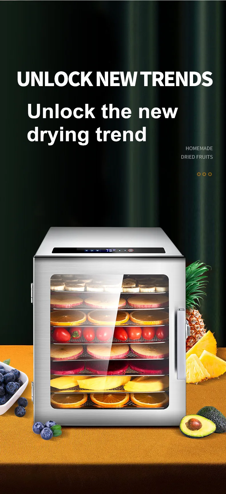 Description Picture 4 of item8L Layer Dryer Fruit Machine Touch Fruit And Vegetable Dried Fruit Machine Home Food Dehydrator Machine Food Drying Household