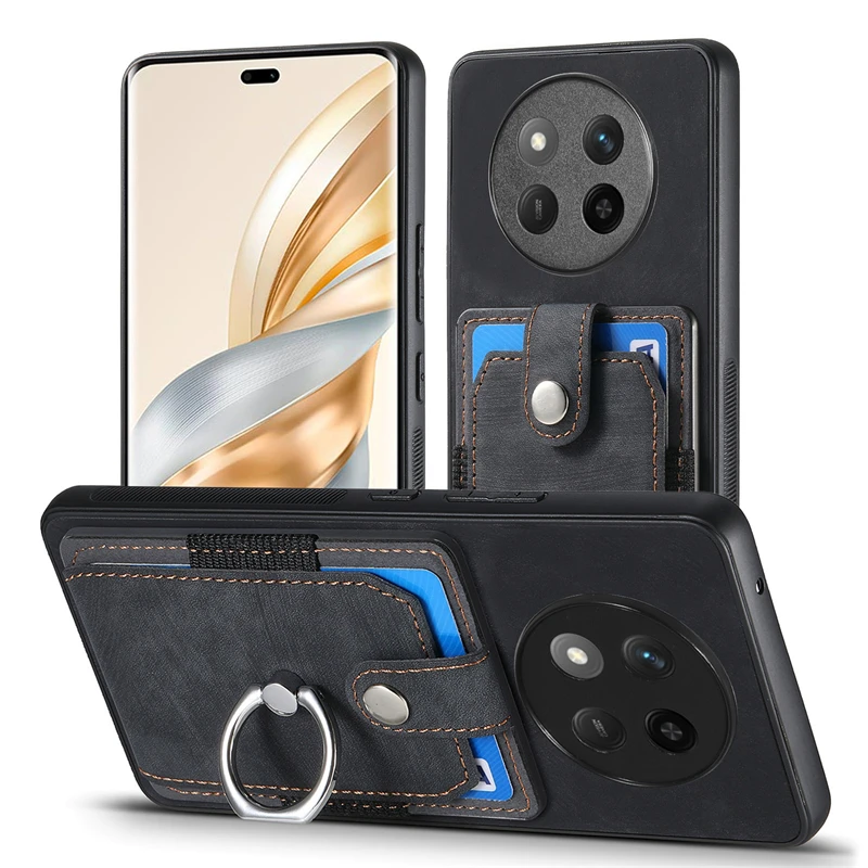 Luxury Leather Magnetic Wallet Case with Ring Stand and Card Slot Cover