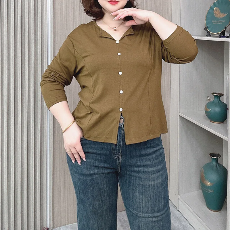 Women's Long Sleeve Basic T-shirt, Loose Tees, V-neck, Split Buttons, Temperament Tops, New, Plus Size, Autumn, Winter, 2431