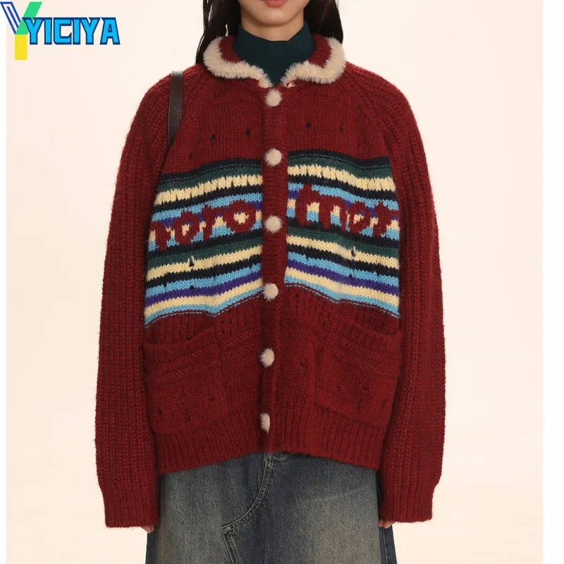 

YICIYA vintage College Pocket knit Cardigan sweater jacquard High quality Thickening Korean fashion Women Knitted new Harajuk