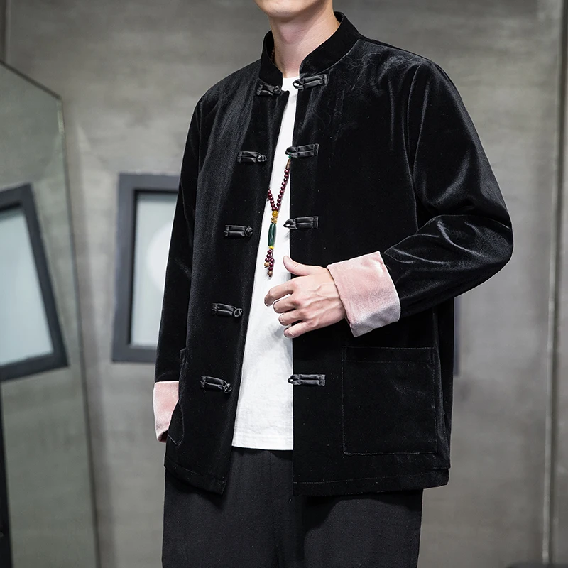 

2023 Chinese Style Men's Velvet Vintage Style Jacket New Chinese Tang Suit Youth Disc Buckle Blouse Improved Hanfu Zen Clothing