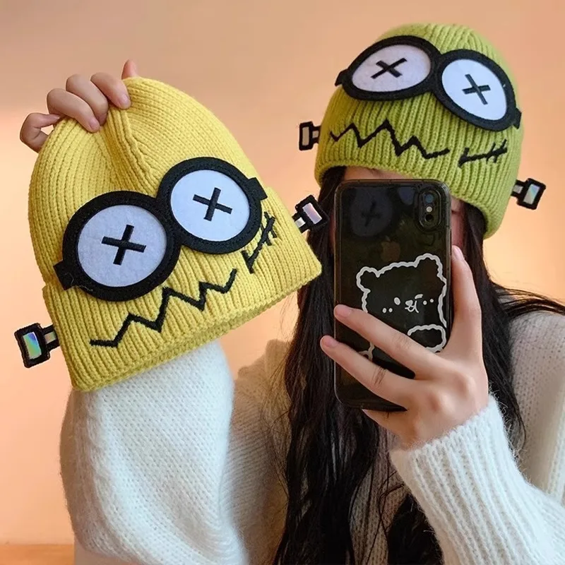Autumn and Winter Women's Fun and Cute Knitted Wool Hat with Cartoon Style Warmth  Wearing It on The Face Looks Very Small