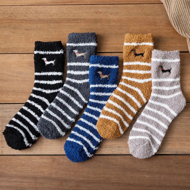 5 pairs Men Socks Coral Fleece Fluffy Winter Warm Thicken Striped Dog Embroidery Thermal Sleep Socks Soft Man Fluffy Home Floor