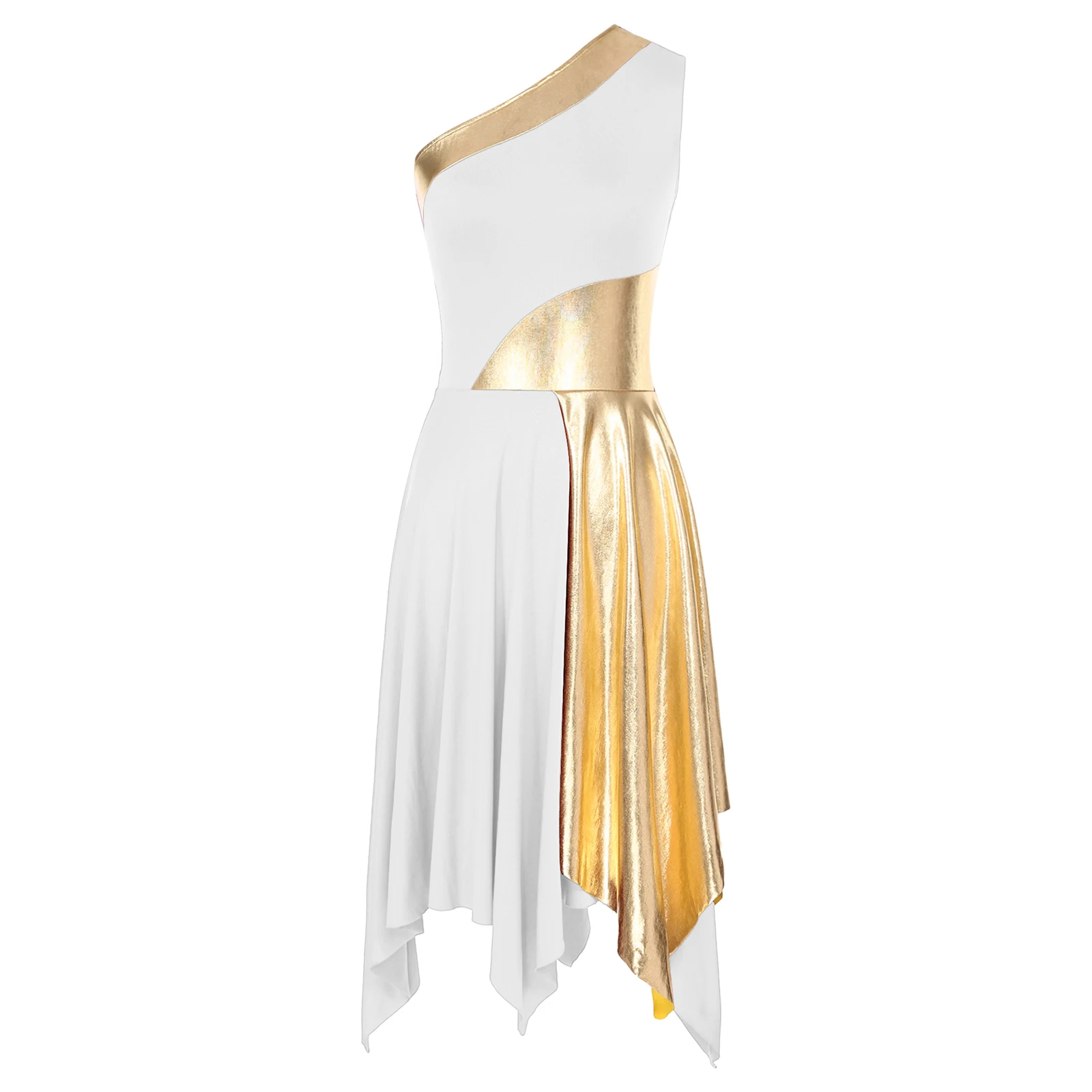 Liturgisches Lobpreis-Tanz-Outfit für Damen, einschultriges, unregelmäßiges Saum-Chor-Kirchen-Ballettkleid mit metallischer Hose mit weitem Bein – Detail 8