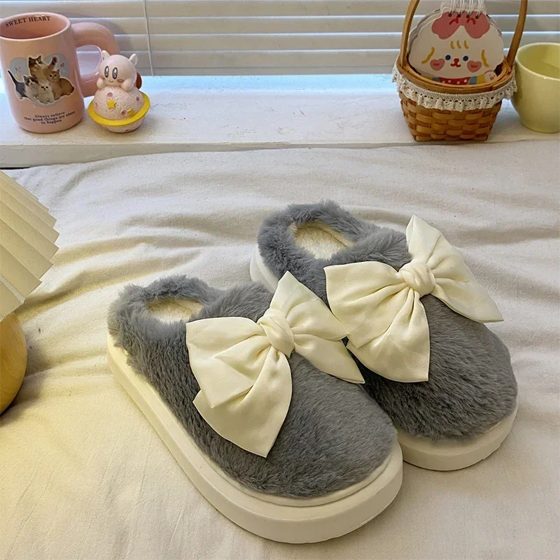 

Fur Warm Women Sweet Flats Slippers Platform Bow Shoes Winter 2024 New Brand Short Plush Mules Shoes Home Cozy Mujer Flip Flops