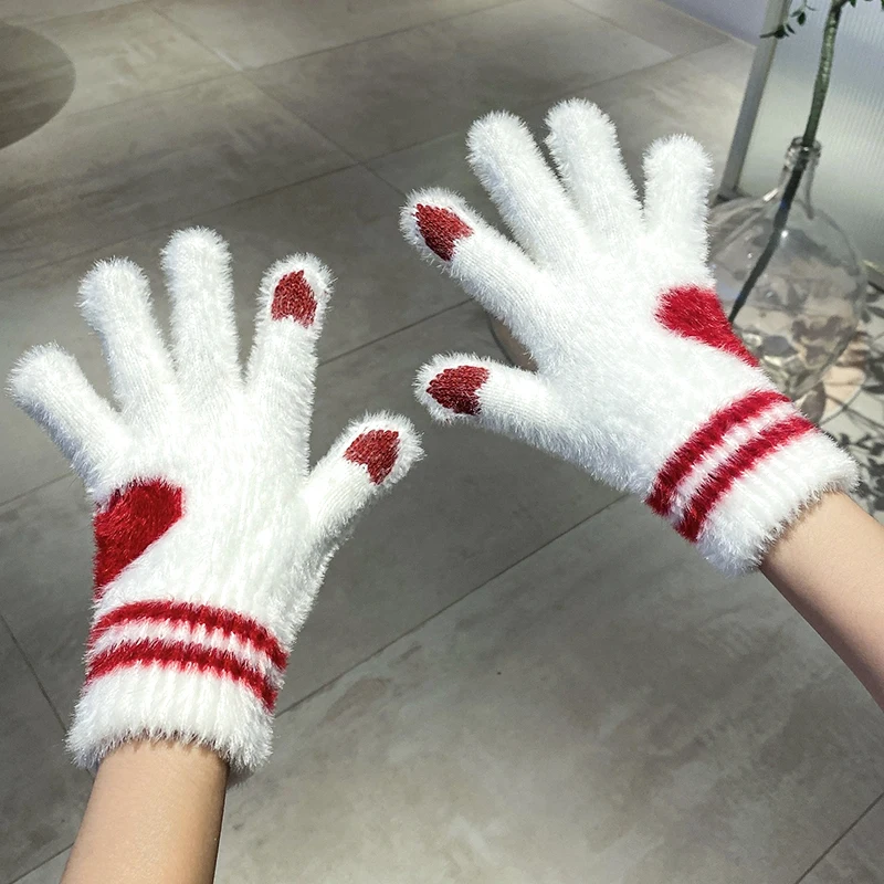 Women Outdoor Touch Screen Love Heart Wool Full Fingers Mittens Knitted Gloves Cycling Keep Warm Winter Soft