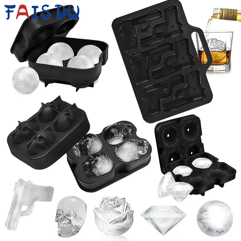 FAIS DU Silicone 3D Ball Skull Diamond-Shaped Ice Mold Reusable Ice Cube Mold Cube Trays Easy Release For Whiskey Paty