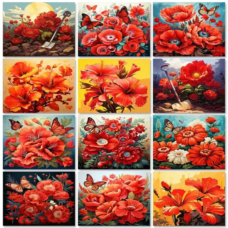 

SDOYUNO Acrylic Painting By Numbers Red Flowers For Adult Kit DIY Oil Handpainted Canvas Paint Picture With Numbers Home Decor