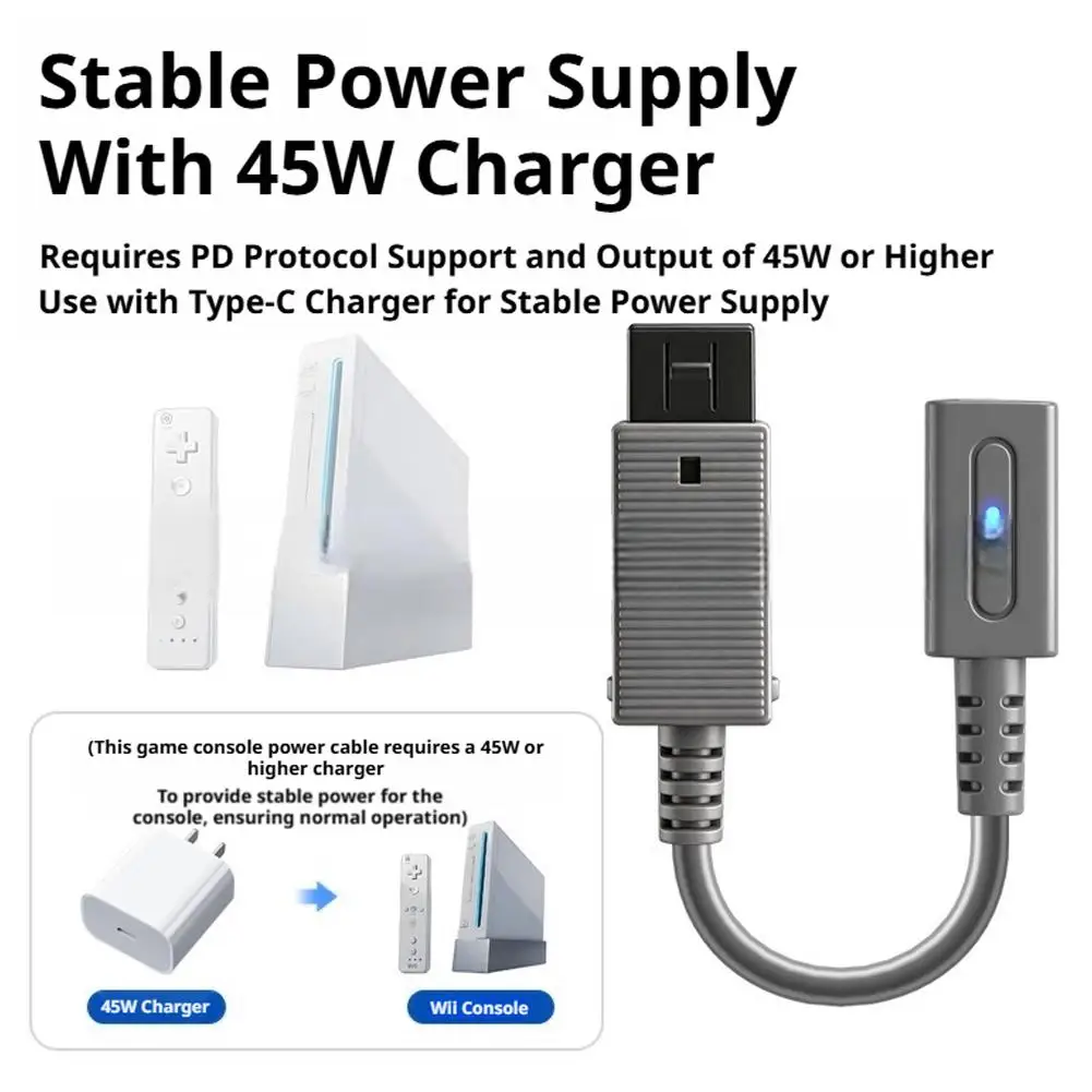 닌텐도 Wii 충전 어댑터 케이블 코드용 45W USB Type-C 케이블 LED 조명이 있는 게임 콘솔 전원 와이어 게임 액세서리