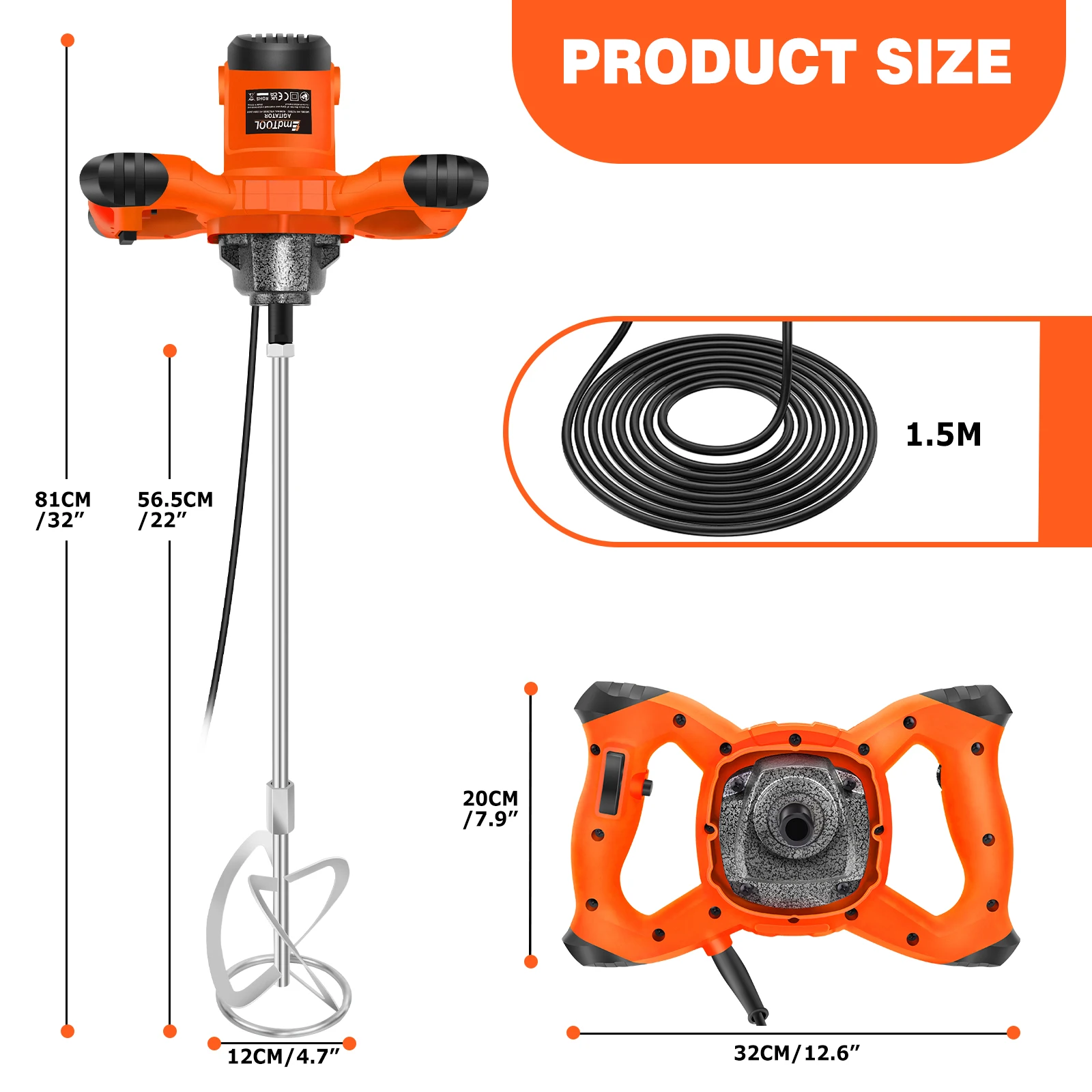 2600W Electric Concrete Mixer Paddle Mixer Plaster Mixerfor Mortar Grouts Paint Cement Plastering, 6 Speed, 2m Cable, M14