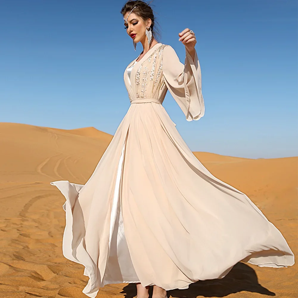 2025 New Chiffon Open Abayas for Women Dubai Turkey Kaftan Diamonds Belted Jalabiya Muslim Dress Islamic Clothing Arabic Robe 4