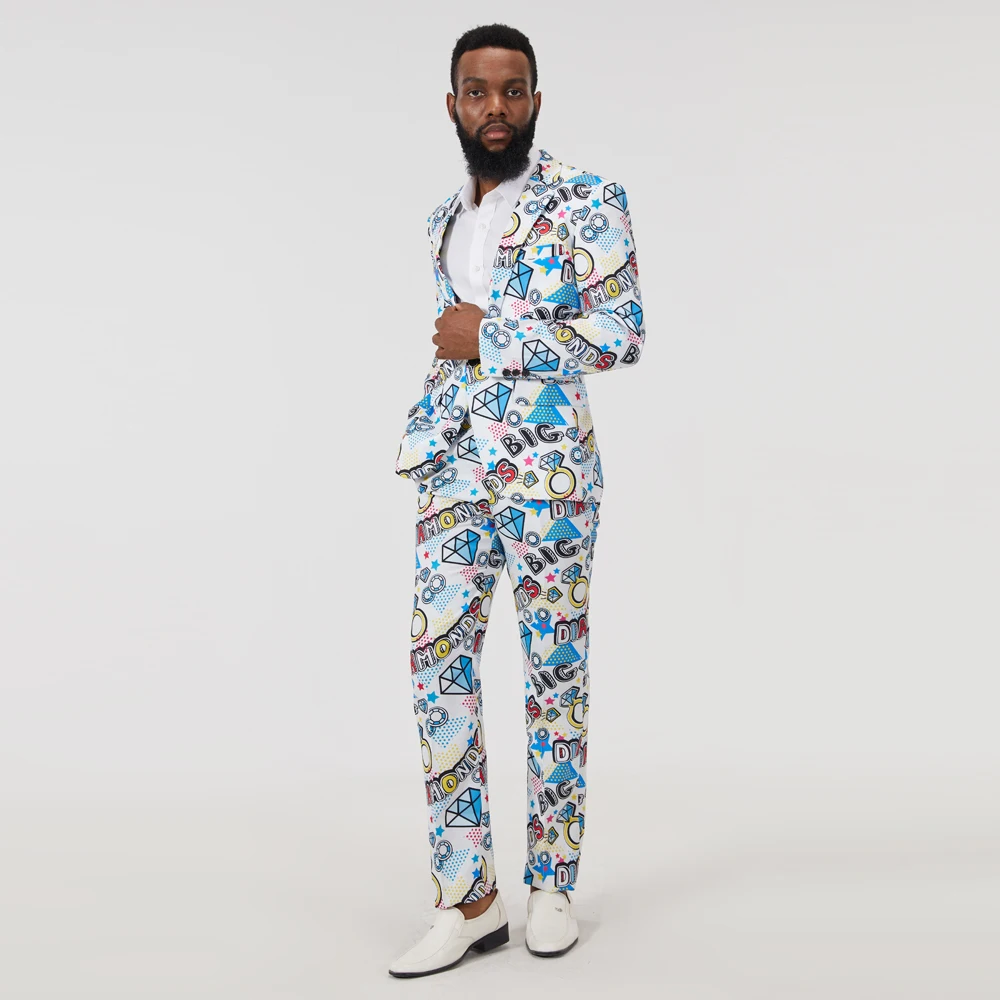 Mens New Fashion Print Suits Set 2PCS (Blazers Pants) Man Slim
