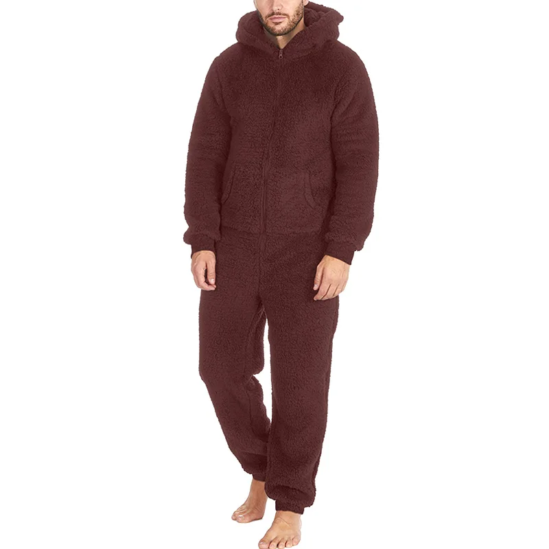 1pc Winter Men's Zipper Warm Plush One-Piece Pajamas Home Clothing Can Be Worn Outside Warm Comfortable Simple Solid Color