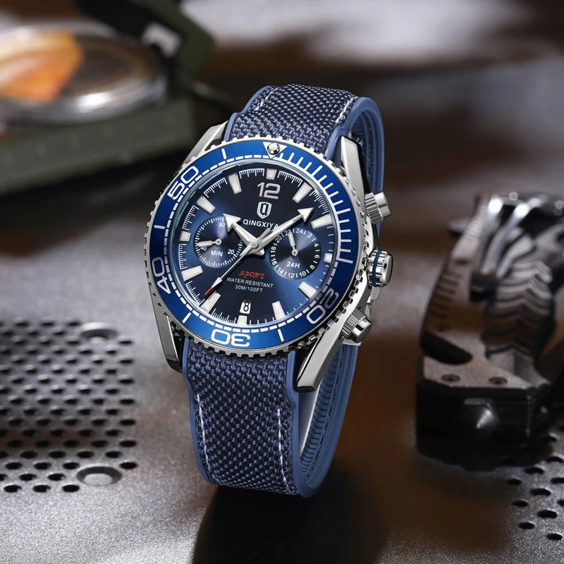 QINGXIYA Brand Sports Quartz Watch Men Silicone Strap Waterproof Luminous Calendar Fashion Chronograph Watch Relogio Masculino