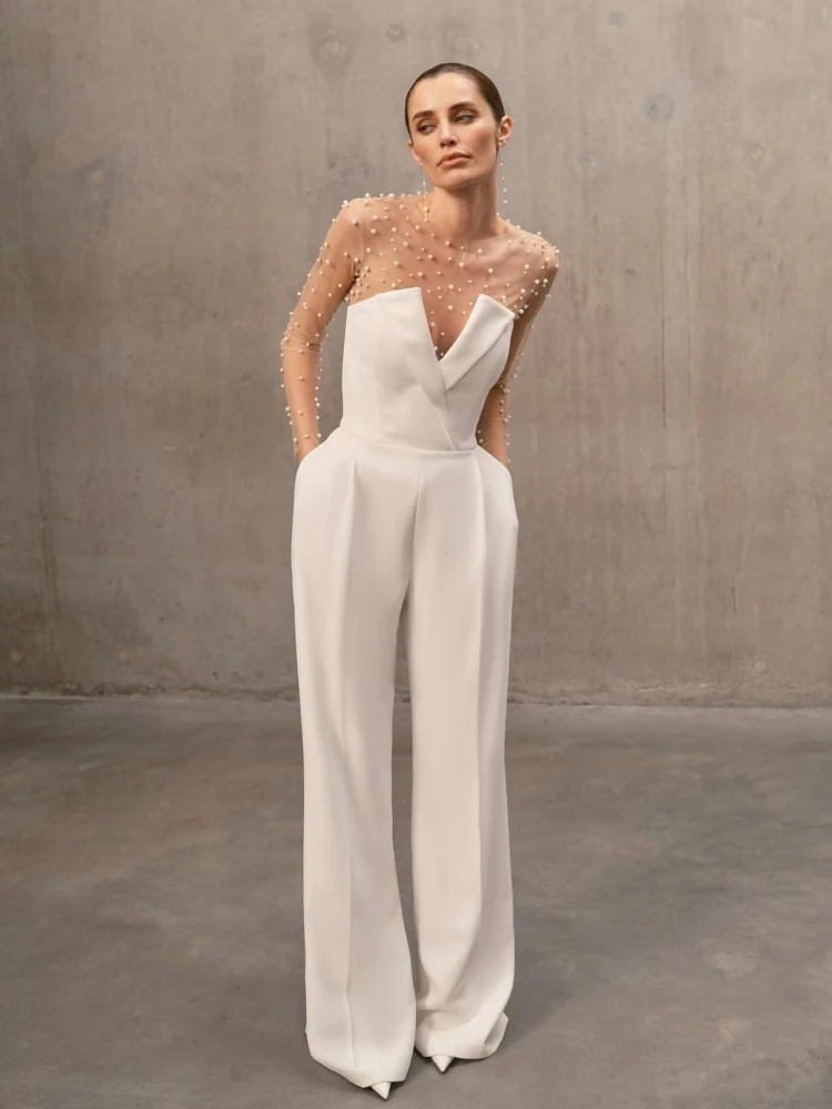 

Sexy Long Sleeves Mesh Pearl Beaded Bodysuits+Strapless Jumpsuit Two piece Sets Women White Jumpsuit Suits Evening Runway Sets
