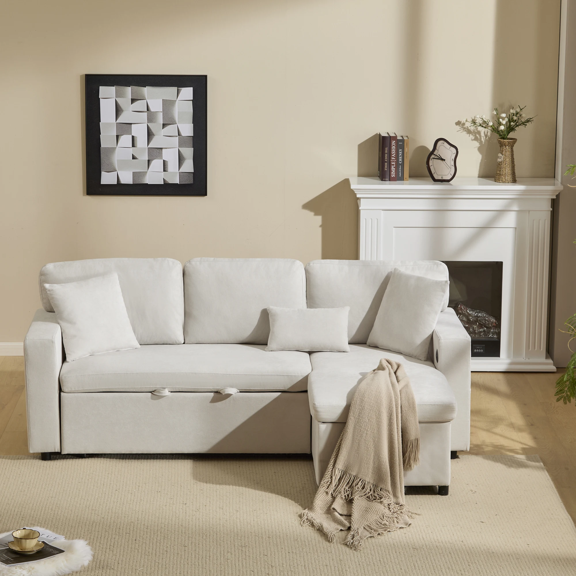 KOMHTOM Ecksofa L-Form mit Schlaf- und Bettfunktion - Ausziehbarer Schlafcouch mit Bettkasten und integriertem Regal – Detail 1