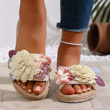 Women's Fashionable Summer Cloth Flower Three-Flower Outdoor Wear-Resistant Non-Slip Flat Beach Sandals Women's Flip-Flops 1