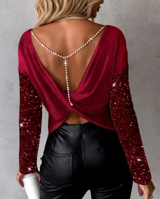 

Contrast Sequin Pearls Strap Backless Twisted Top 2023 New Women's Casual Round Neck Long Sleeve Daily Commuting Style Tee