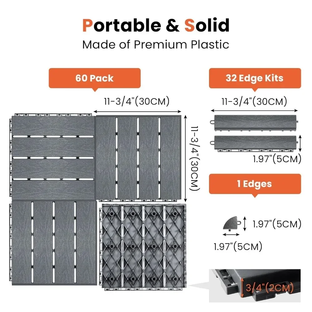 60 Pack Interlocking Deck Tiles with 32 Transition Kits 11.8"x11.8" Patio Outdoor Flooring Pallets Covering for Backyard, Shed