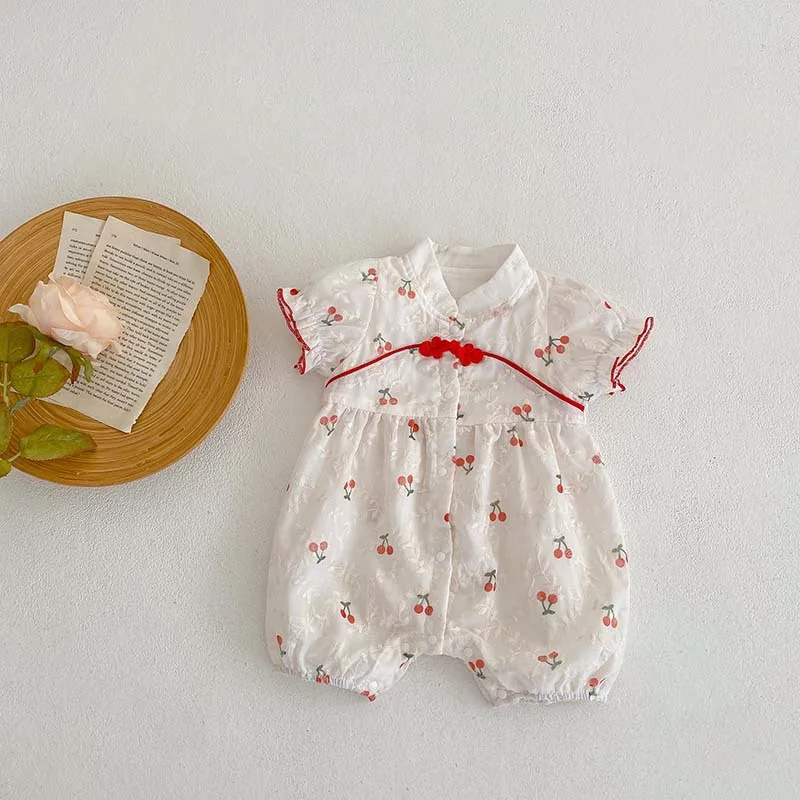 

2023 Summer Newborn Baby Clothes Short Sleeve Cherry Print Cotton Romper Qipao Jumpsuit Outfits Princess Girls Sunsuit For 0-24M