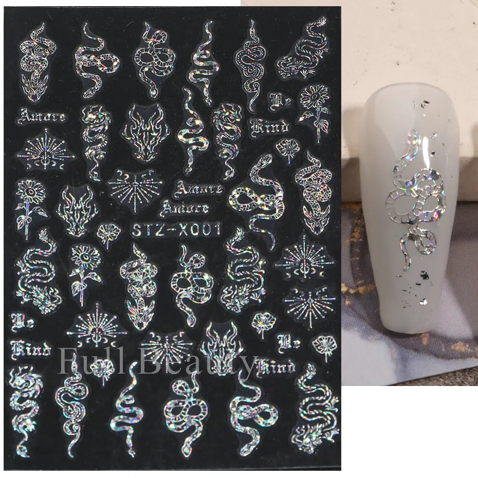 Nail Stickers Laser Butterfly Stickers Nails Holographic Snake Dragon Heart Star Moon Adhesive Sliders 3D Nail Art Decal Decoration LASTZX