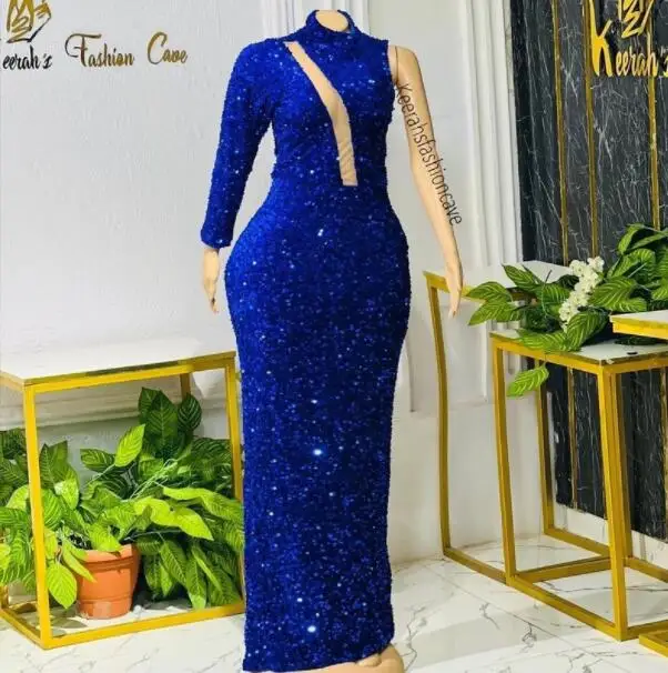 

Royal Blue African American Prom Dresses Sheath One-shoulder Sequins Black Girls Nigeria Robe De Soiree Evening Dress Gown