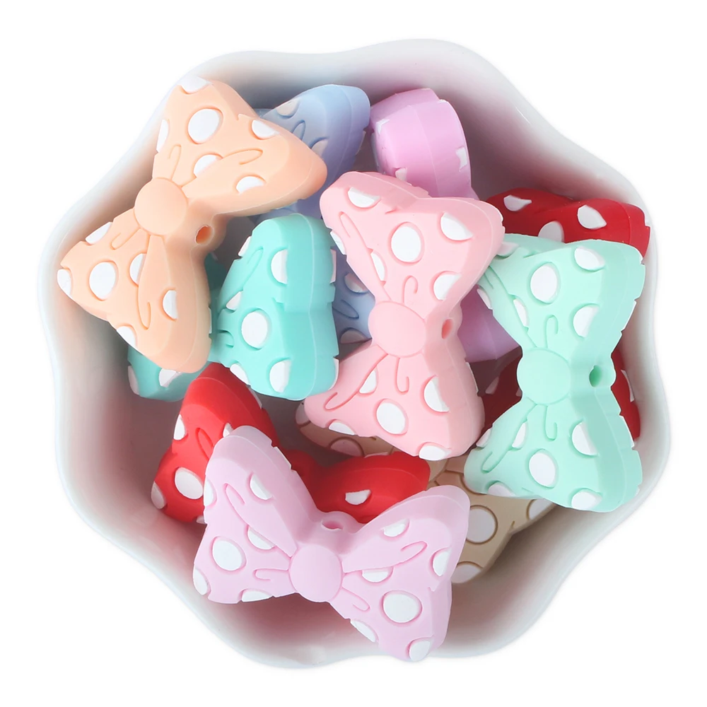 Silicone Bows Beads BPA Free DIY Loose Bead Teething Necklace Baby Pacifier Holder Accessories Food Grade Teether Bead 5pcs