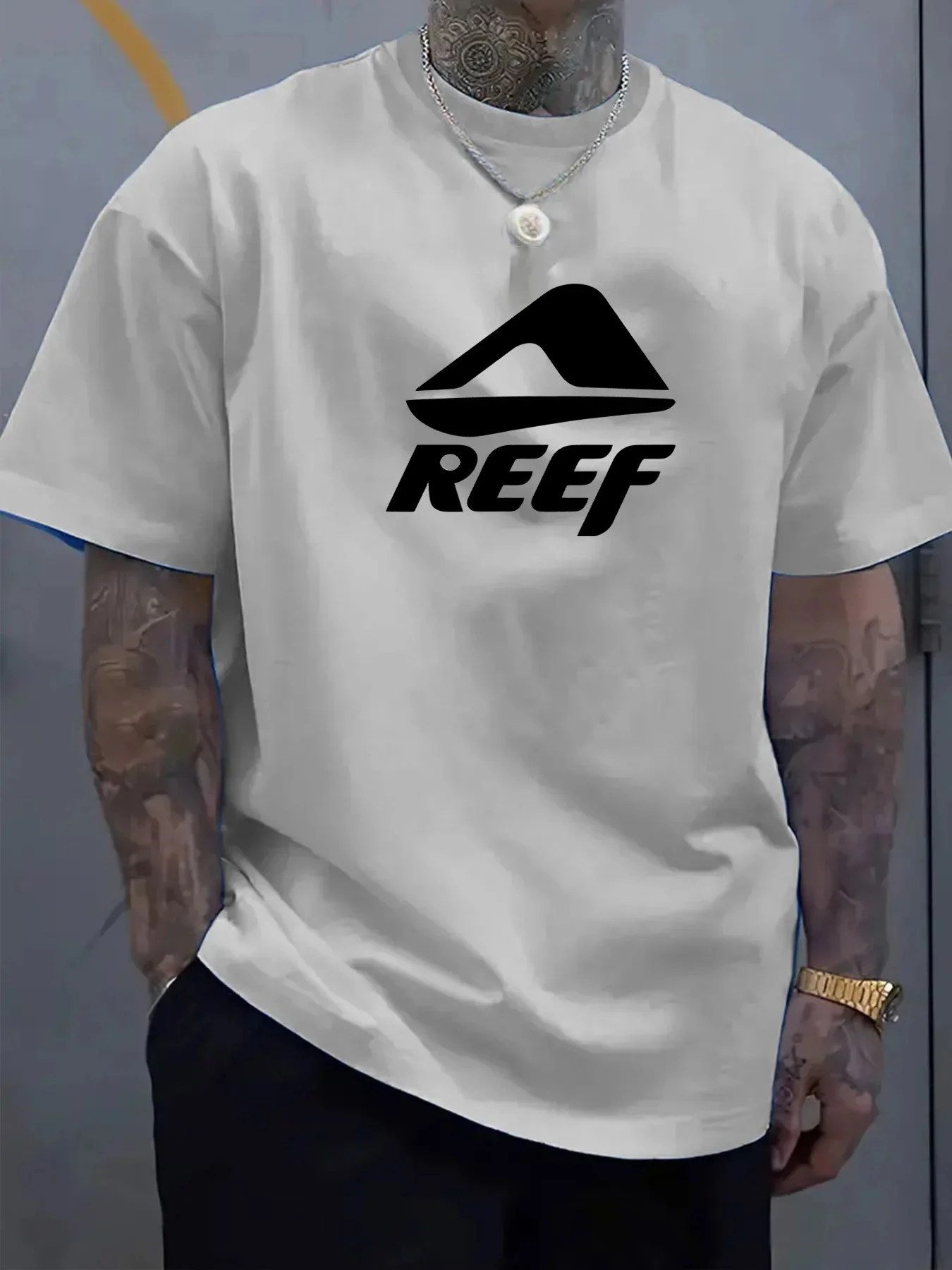 T-shirt Décontracté pour Hommes en Pur Coton avec Motif Géométrique et Lettre REEF