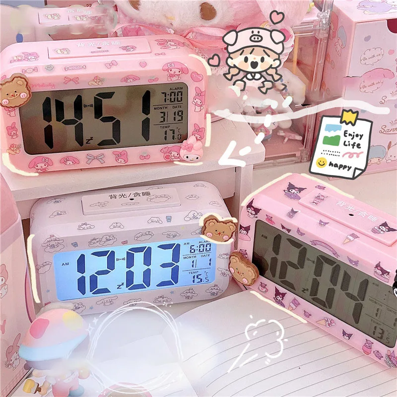 

Kawaii Sanrios Alarm Clock Kuromi Mymelody Cinnamoroll Cartoon Diy Sticker Led Night Light Electronic Alarm Clock for Girls Gift