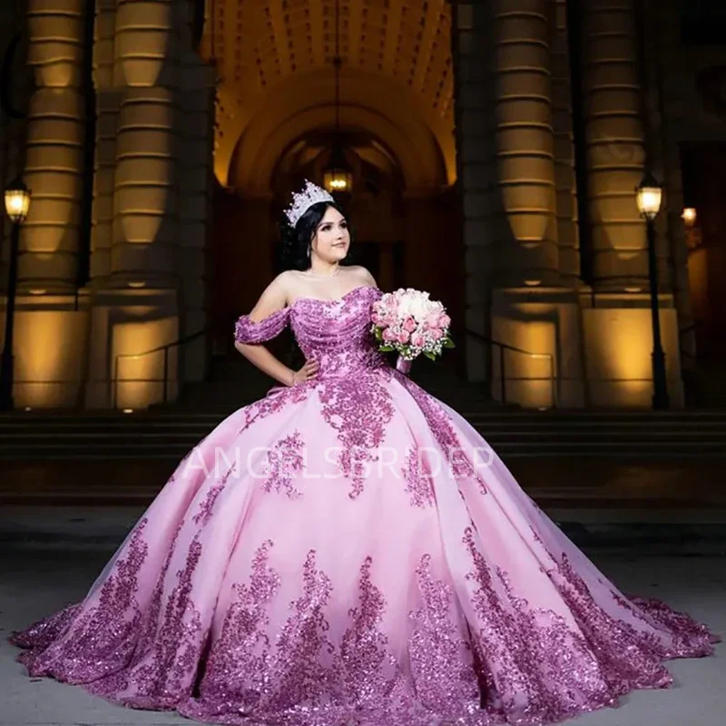 ANGELSBRIDEP Mexican Pink Quinceanera Dresses Ball Gown Shiny Sequined Appliques Sweet 16 Dress Vestido De 15 Anos