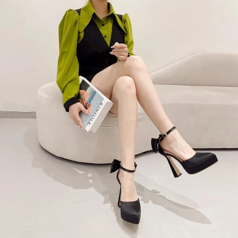 

2023 Newest Satin Pearl Bow High Heel Waterproof Platform Rhinestone Twining Single Shoes 15 Color Women's Shoes Size 35-40