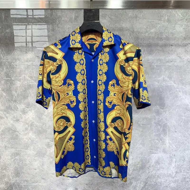 

Summer Casual Short Sleeve Button Down Shirt High Quality Hawaiian Shirt Baroque Court Color Contrast Printed Beach Shirts Men