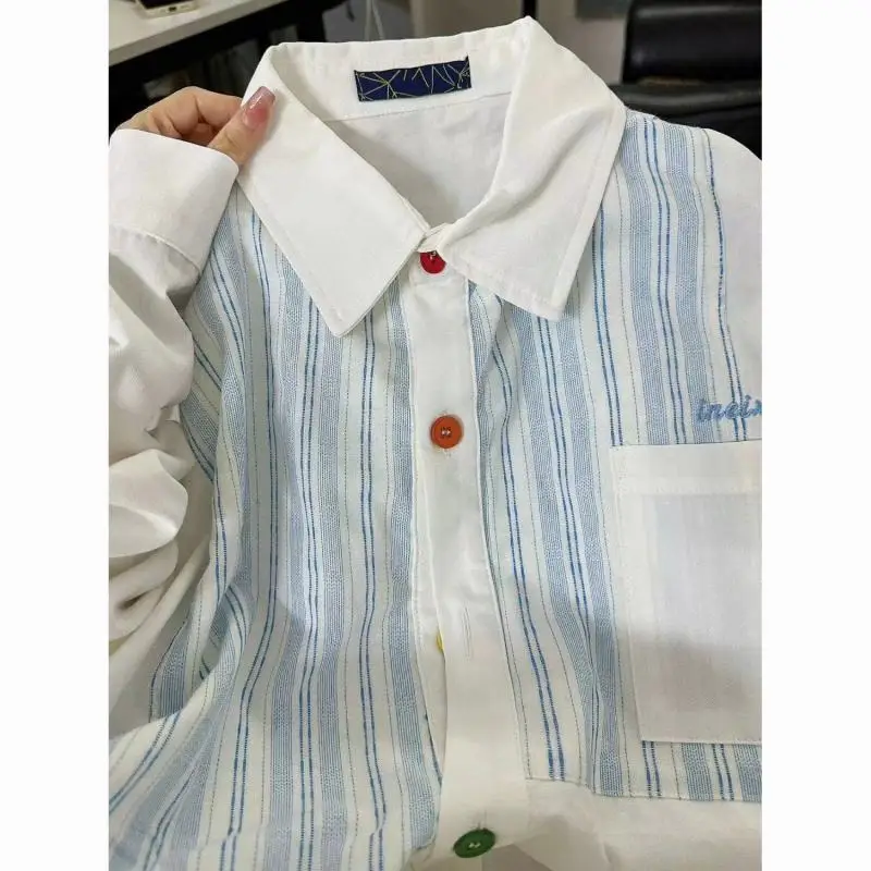 Summer Unisex Shirt Minimalist Color Contrast Lapel Embroidery Blue Stripe Loose Casual
