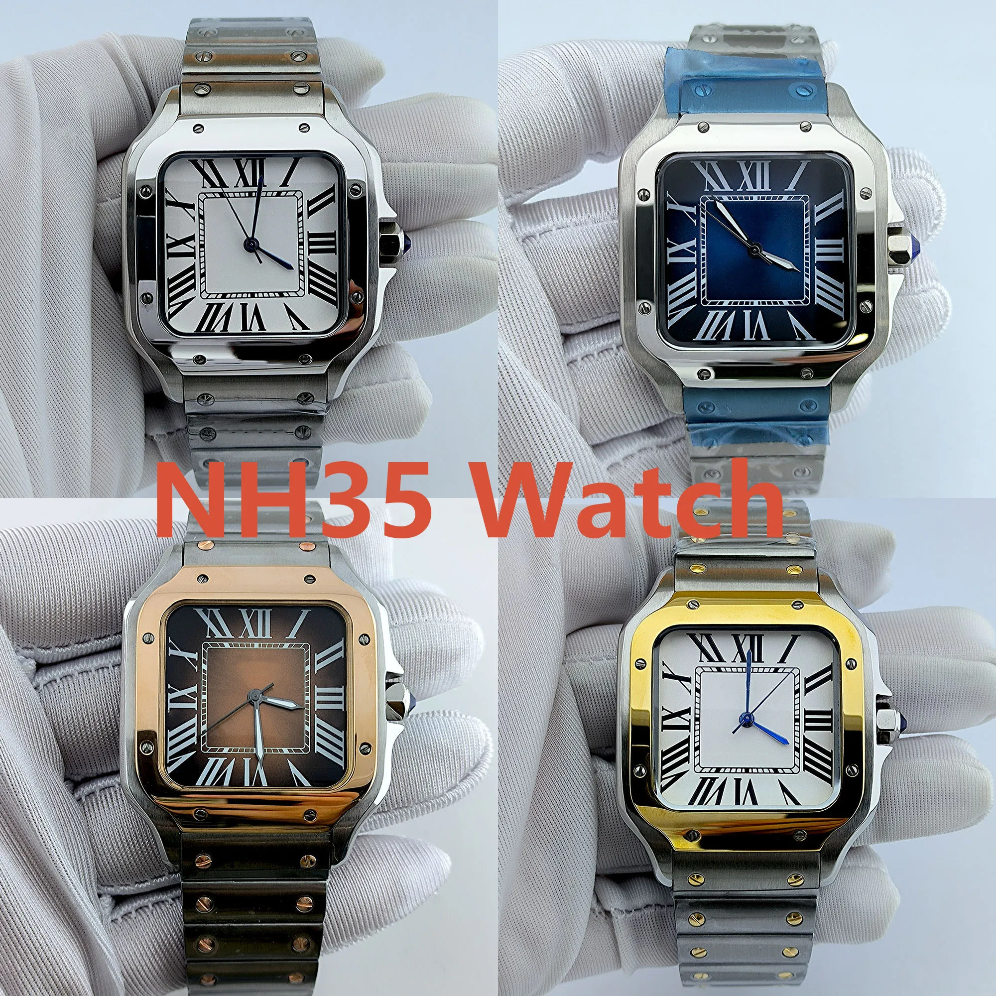 

NH35 Case Square Case Custom logo Man's watch Folding Buckle Roma Dial stainless steel Mechanical Wristwatches NH35 movement