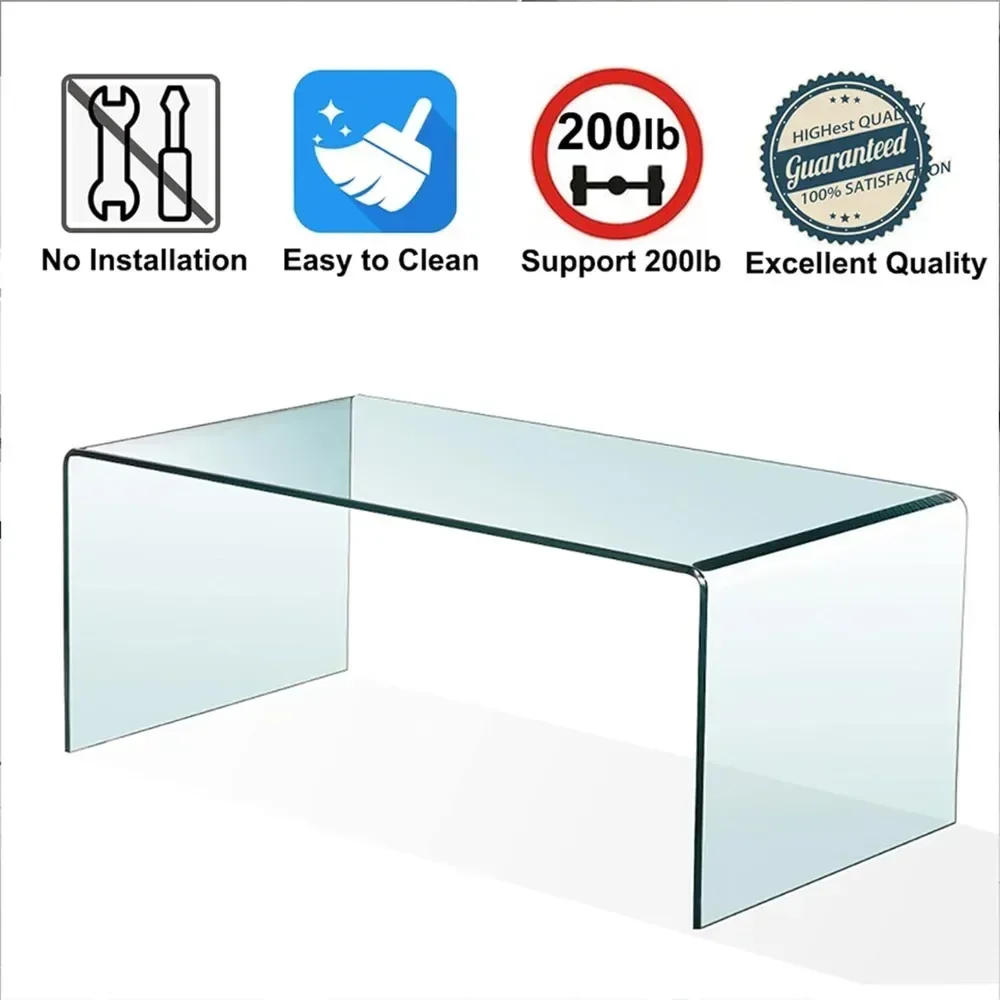 Glass Coffee Table, Modern Clear Tempered Glass Coffee Table for Living Room, Easy to Clean and Safe Rounded Edges