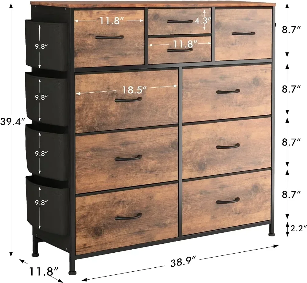 10 Drawer Dresser, Chest of Drawers for Bedroom with Side Pockets and Hooks, PU Sturdy Steel Frame, Organizer, Closet (White) 2