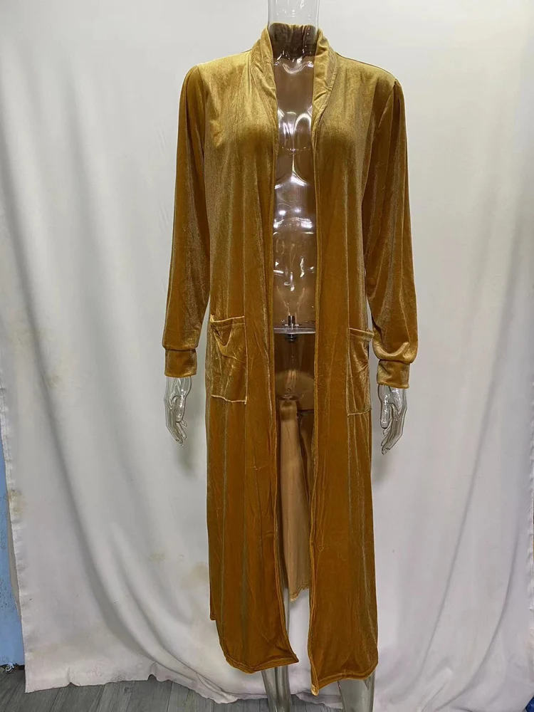 Gold Velvet Long Cardigan Coat for Women