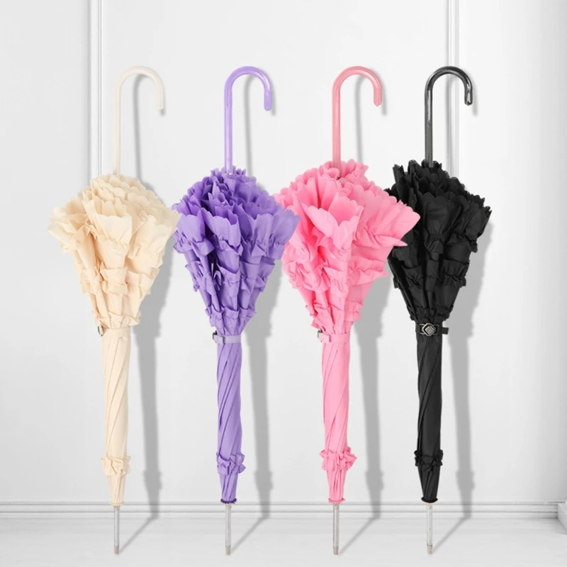Gothic Lolita Cute Princess Lace Umbrella Long Handle Semiautomatic Large Marriage Parasol for Women