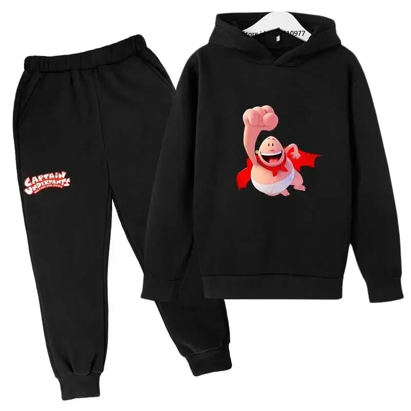 Chándal con estampado de dibujos animados de Capitán Calzoncillos para primavera y otoño, conjunto de 2 piezas informal bonito para niños y niñas, sudadera con capucha y pantalones, ropa para niños