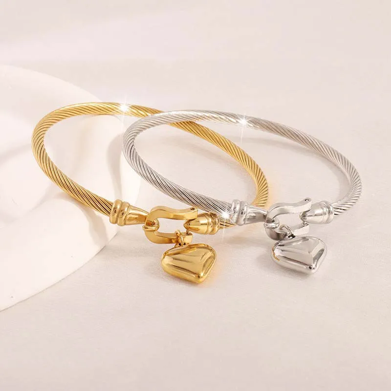 Stainless Steel Gold Color Heart Pendant Bracelets For Women Men Simple Metal Buckle Charm Bangle Bracelets Waterproof Jewelry 4