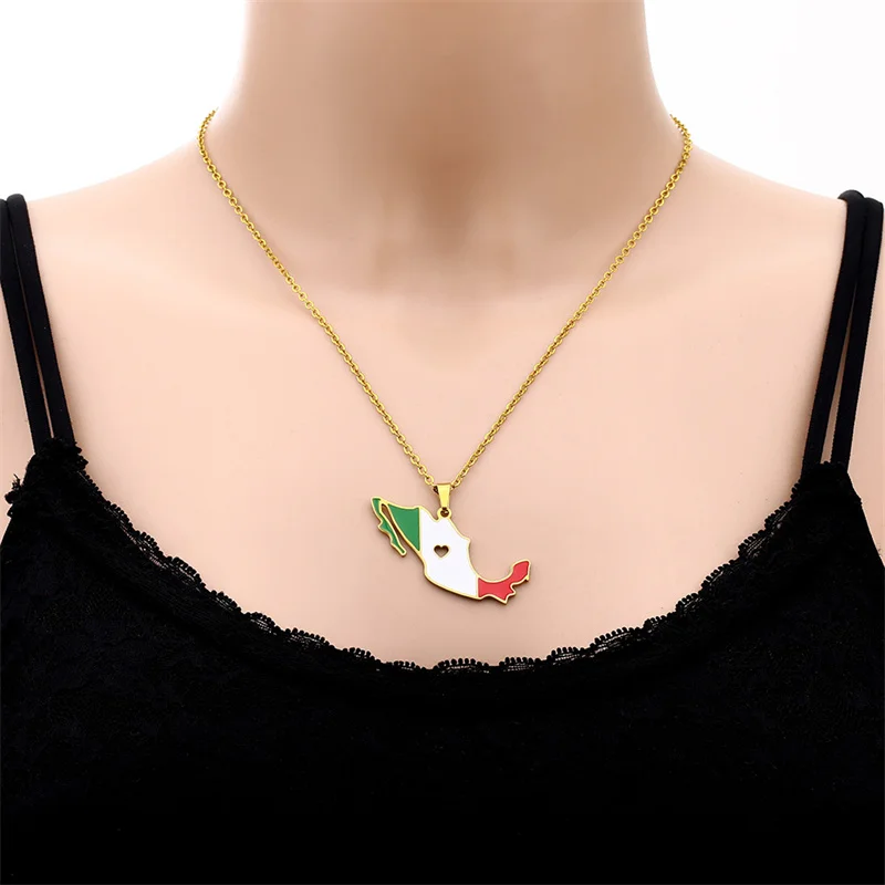 

Euro-american Stainless Steel Mexico Map With Flag Drop Oil Pendant Necklace