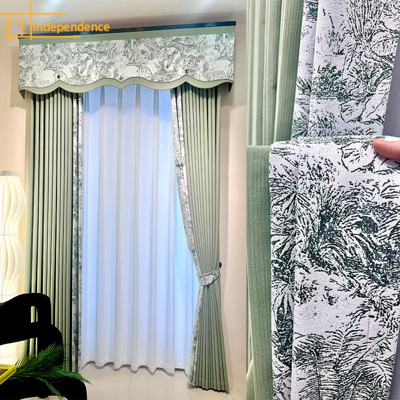 

Matcha Jacquard Chenille Thickened Splicing Blackout Curtains for Living Room Bedroom French Window Balcony Window Customized