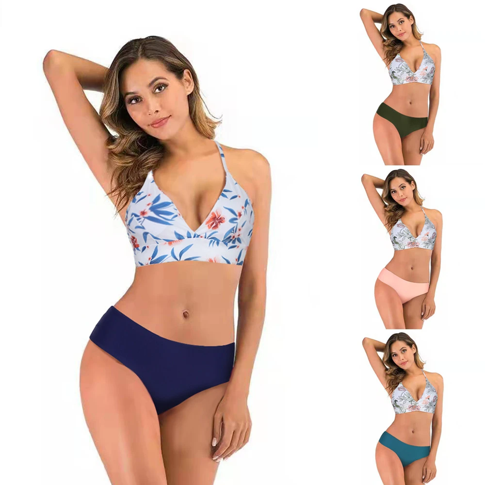 swimwear Sexy Mid Waist Bikinis 2022 New Halter Swimwear Women Swimsuit Female Bikini Set Print Bodysuit Bathing Suit Summer Biquini plus size bikini sets