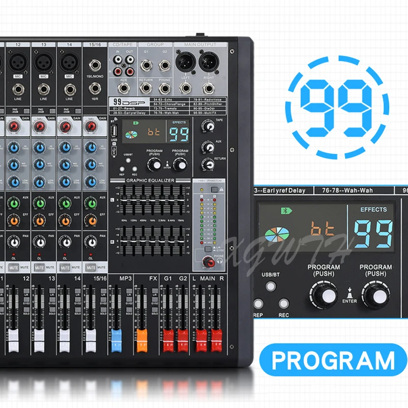 16 채널 디지털 믹서 사운드 오디오 믹싱 콘솔, 99 DSP 디지털 반향 효과, 블루투스 USB MP3 DJ 콘솔