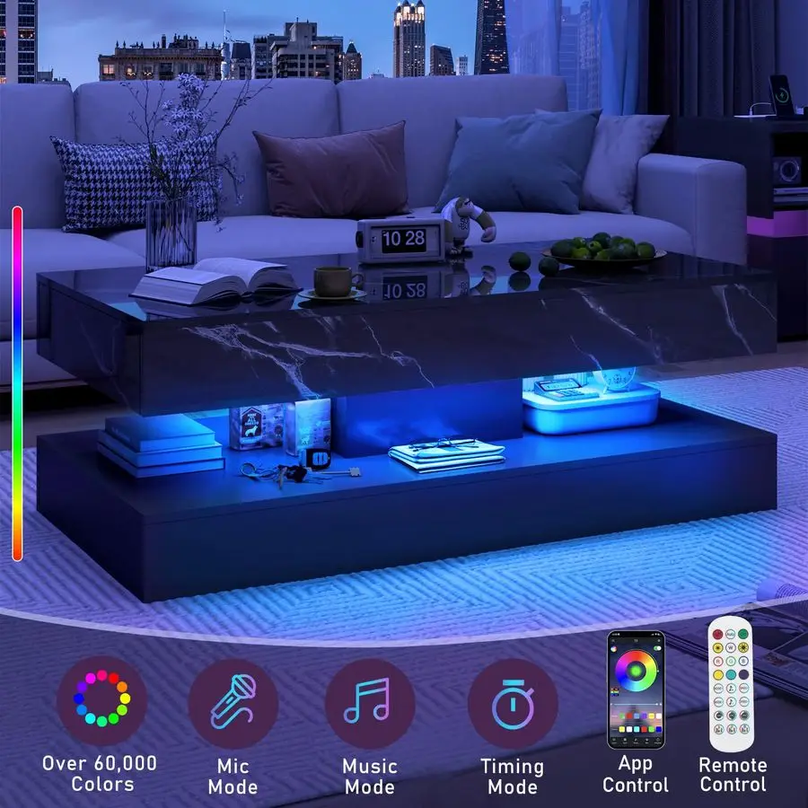 Large HighGlossy LED Coffee Table with 2 Sliding Drawers, Living Room Storage Coffee Tables with Marbling Print, Modern Stylish