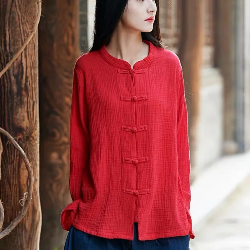 2024 Summer Fashion Blouse Autunm Women Long Sleeve Shirts Casual Cotton Linen Tops vintage Stand collar chemises et blouses