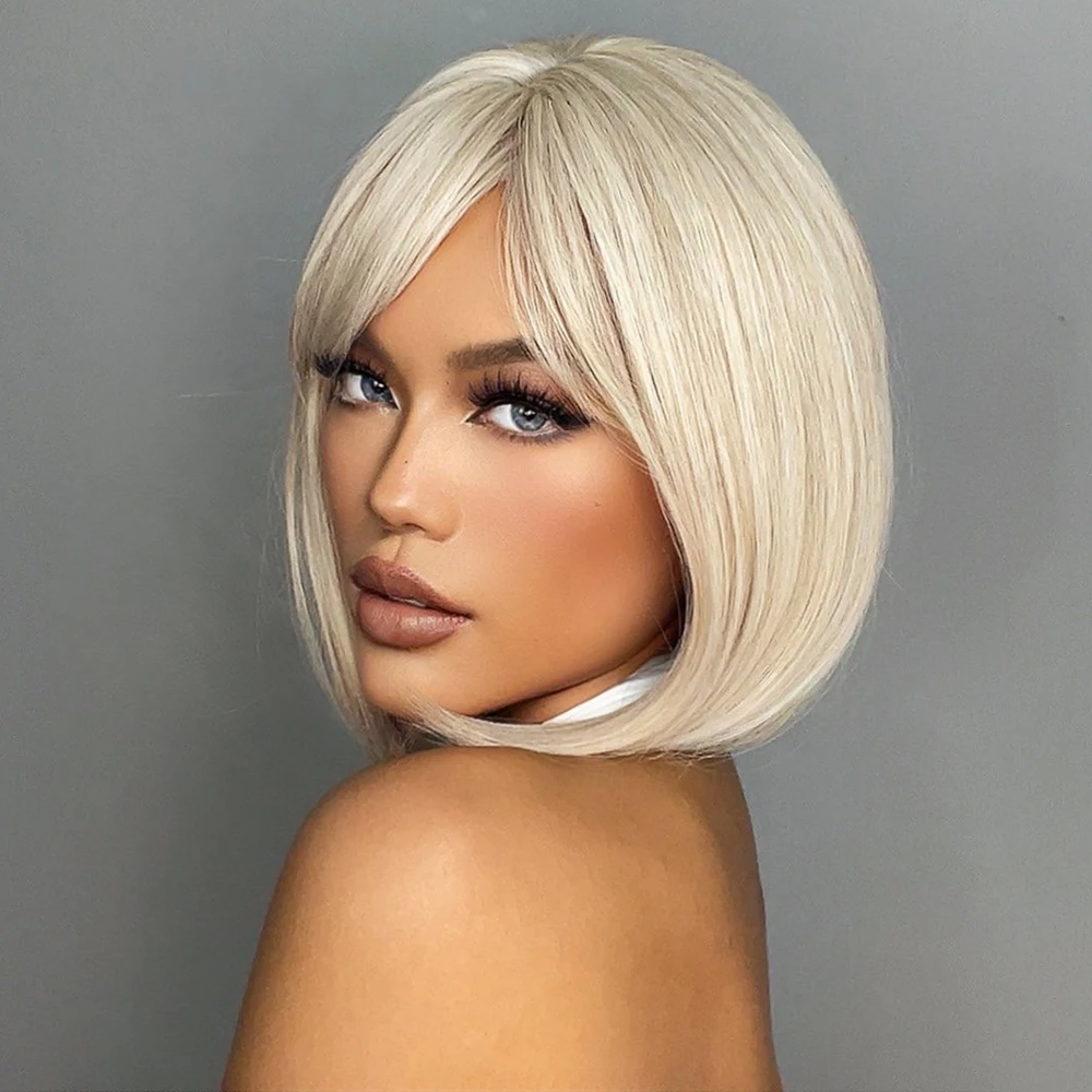 Pelucas sintéticas blancas, rubias y grises con flequillo, peluca de pelo corto y liso para mujer, Cosplay, pelo Natural diario, resistente al calor_voghion.com