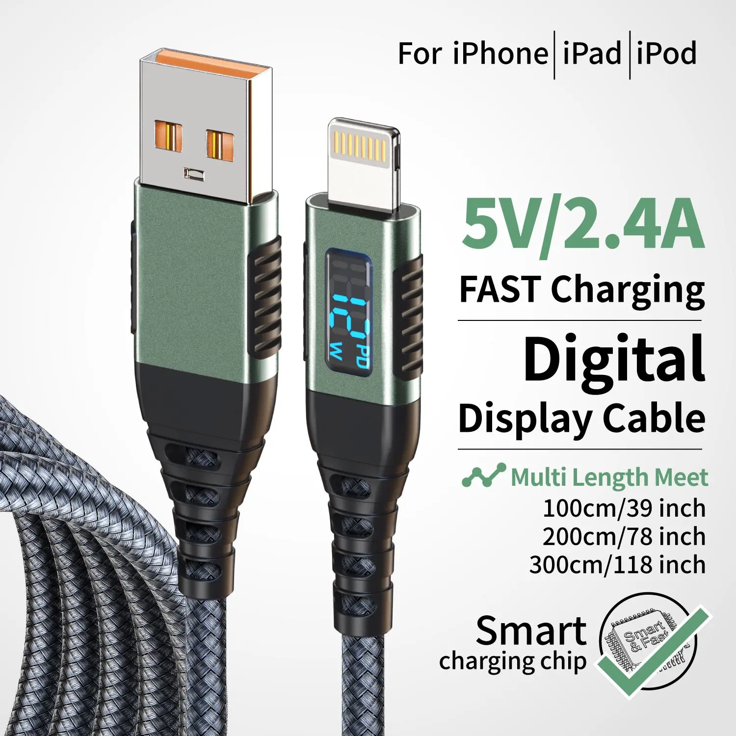 USB-A to Lightning 고속 충전 케이블 (디지털 디스플레이 화면 포함, MFi 인증, 나일론 편조, 아이폰 14/13/12/11 호환, 2m/6.6ft)
